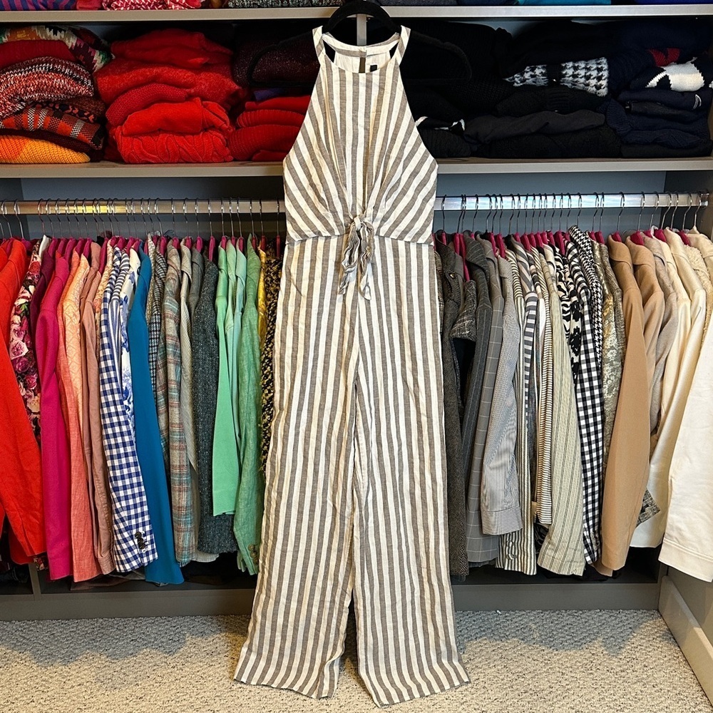 Sugar lips gray/white striped sleeveless back zipper closure jumpsuit size XS